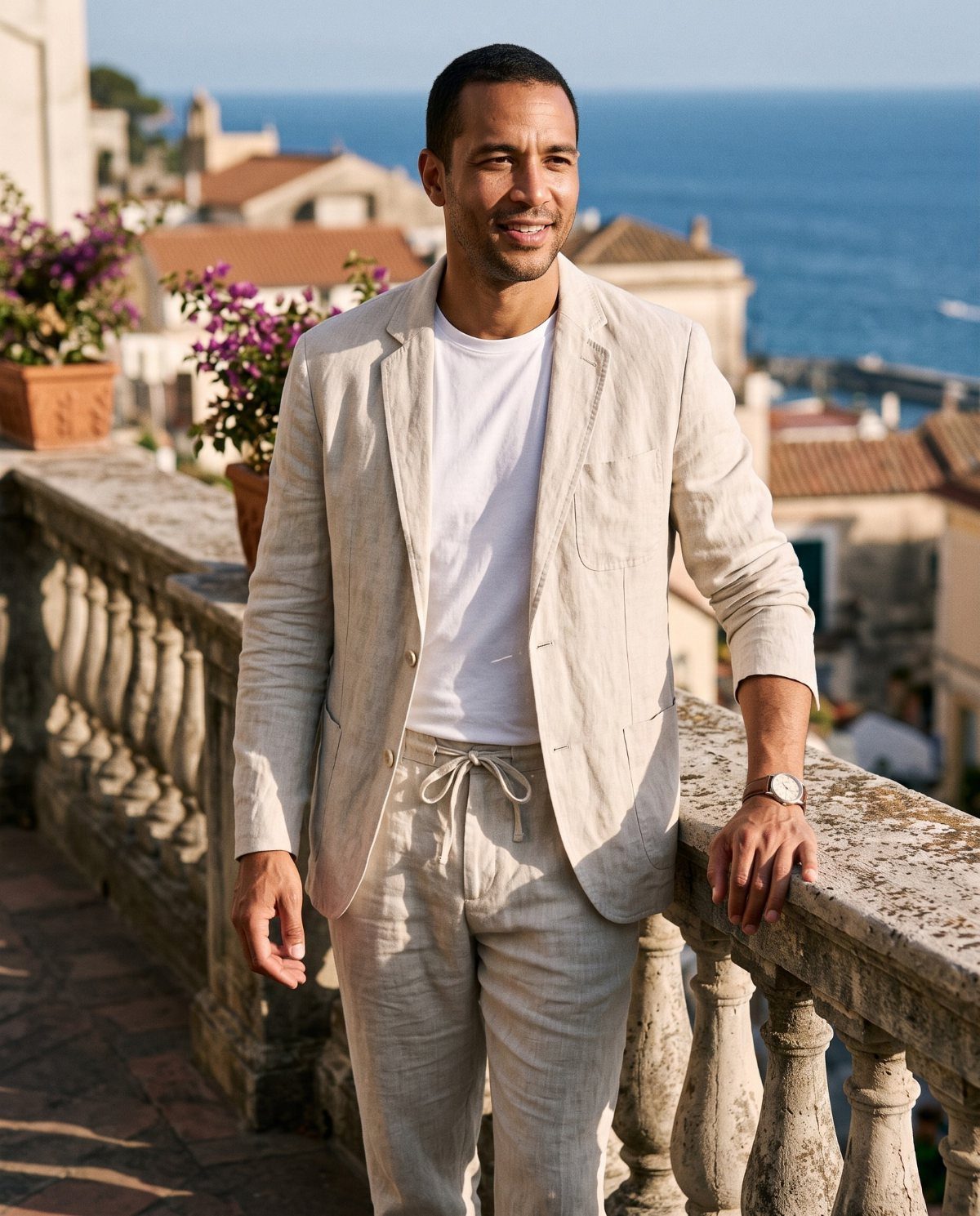 Man in a light beige linen blazer and drawstring trousers on a coastal balcony.