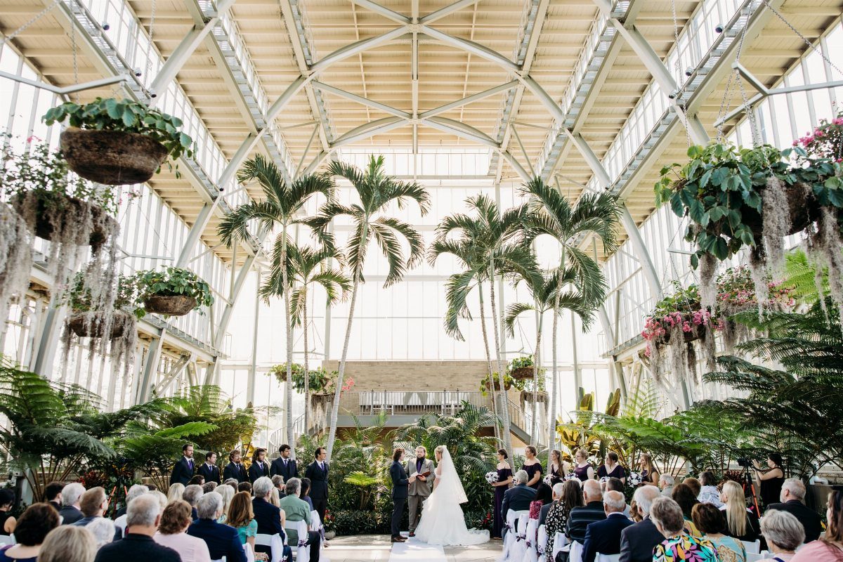Wedding ceremony in a bright glass conservatory with palm trees and seated guests.