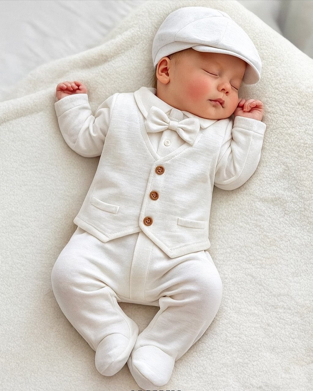 Sleeping newborn baby wearing a white formal vest, bow tie, and flat cap.