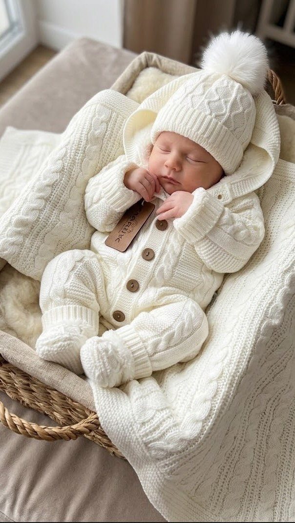 Sleeping newborn baby in a white cable-knit outfit and hat inside a wicker basket.