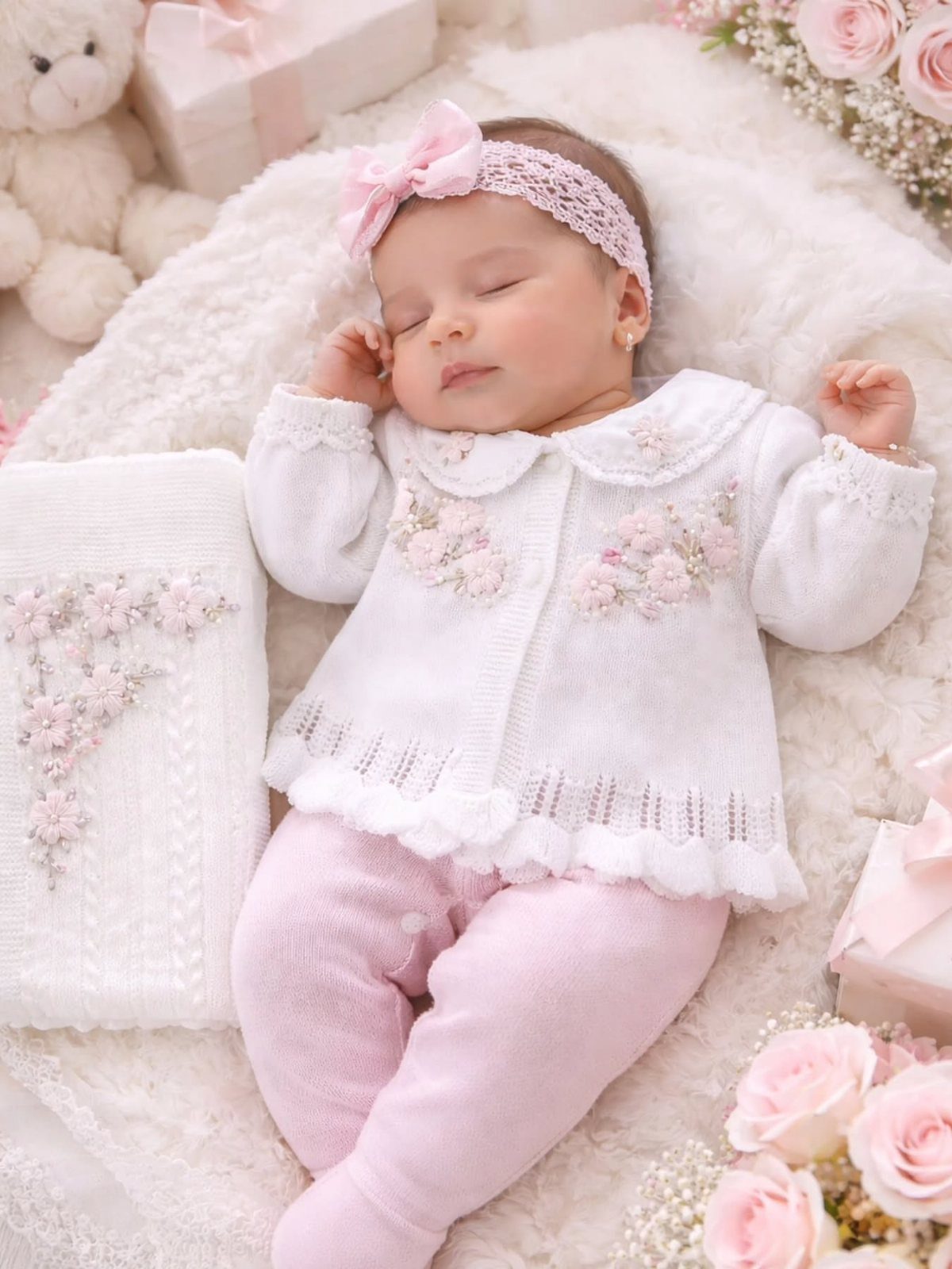 Sleeping newborn baby girl in a white floral cardigan and pink leggings on white fur.