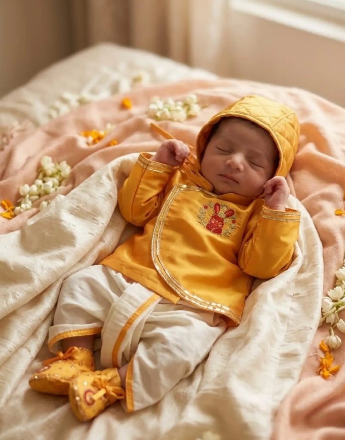 Sleeping newborn baby in yellow traditional outfit and hat on floral fabric.