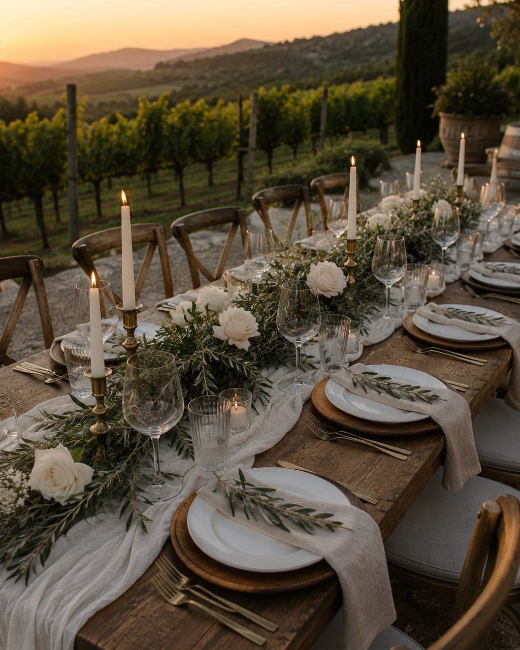 Elegant wedding table setting with white roses and candles overlooking a sunset vineyard.