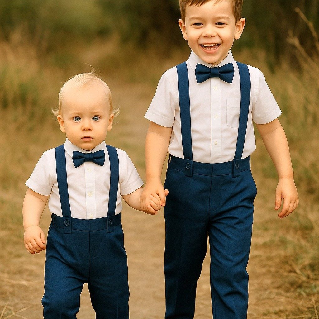 Two young boys wearing white button-up shirts with navy blue suspenders and bow ties.