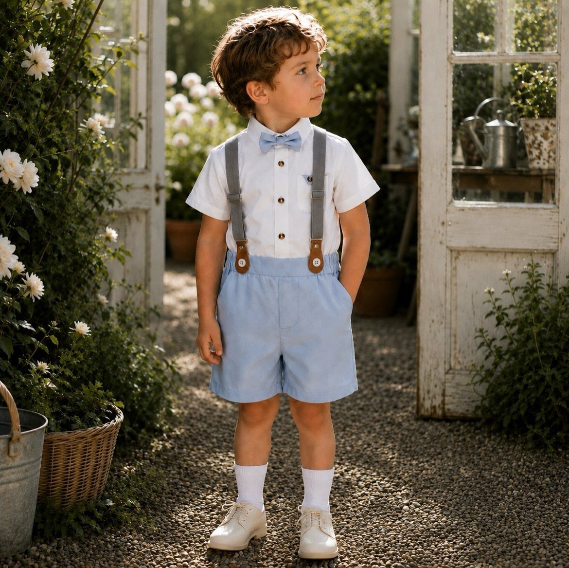 Young boy wearing a white short-sleeved shirt, light blue shorts, and bow tie.