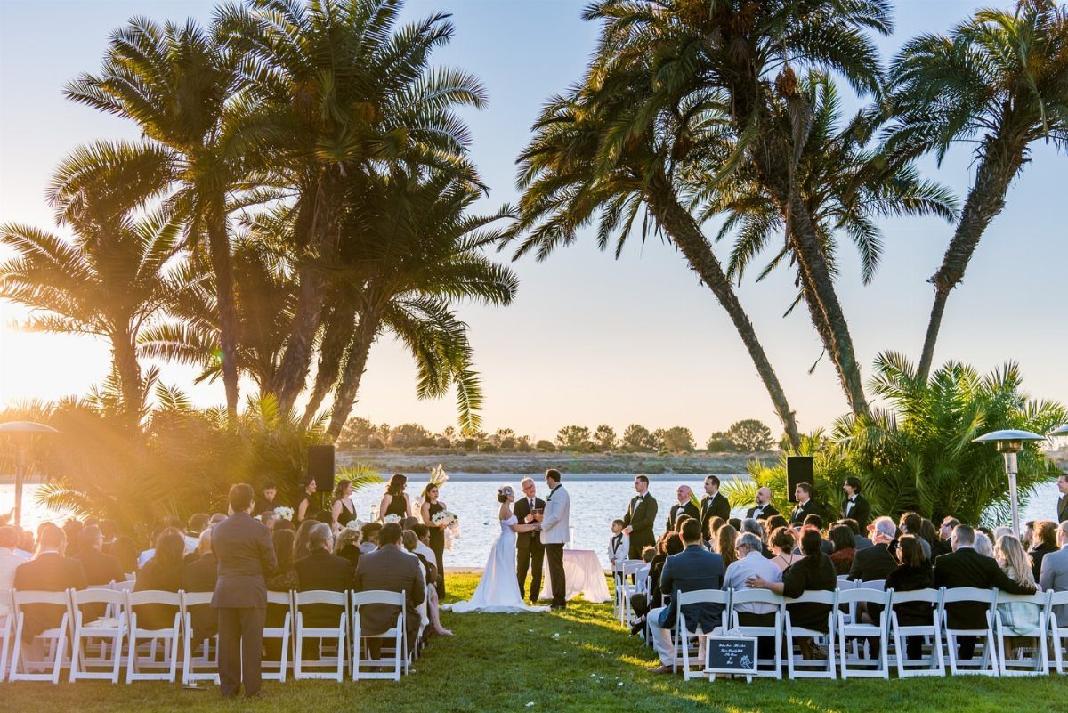 Wedding ceremony on a grassy lawn with palm trees and waterfront background.