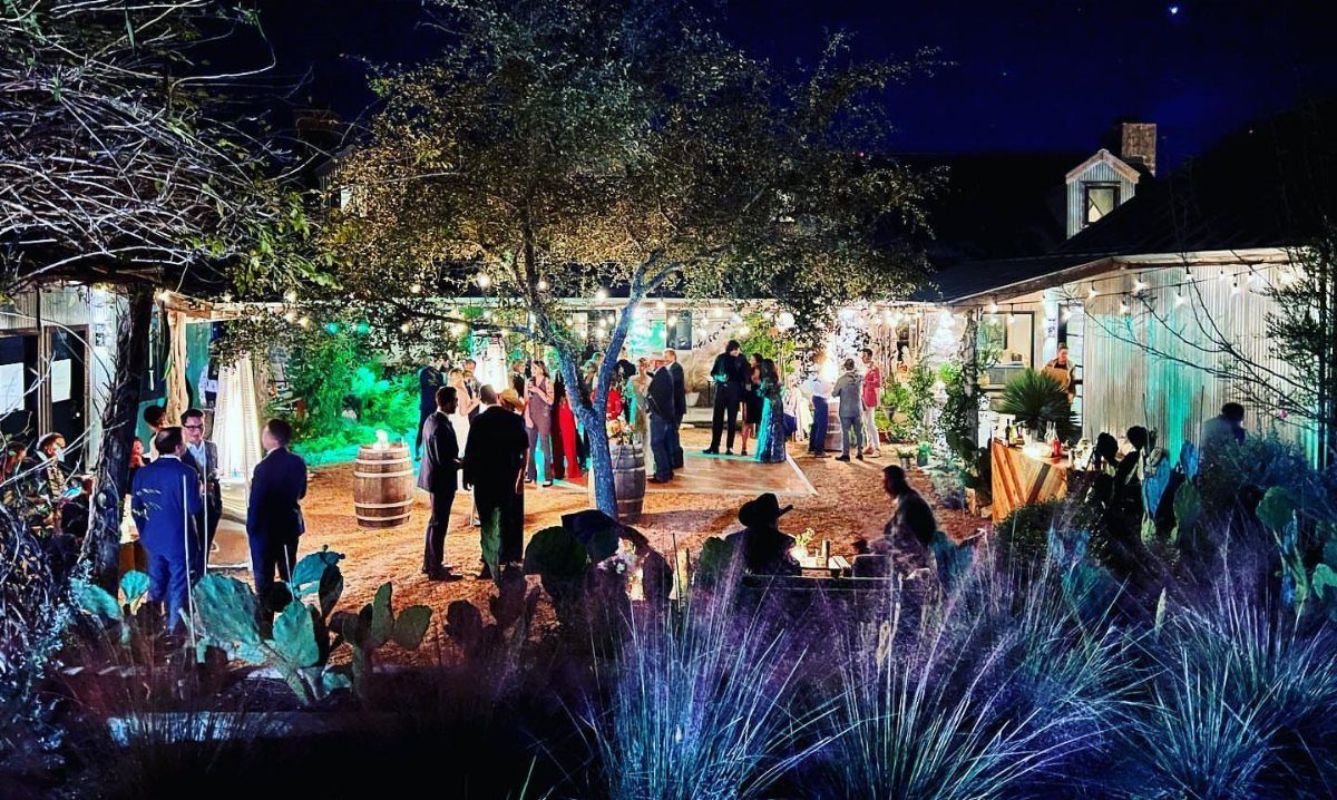 Nighttime outdoor wedding reception with guests, string lights, and desert cacti landscaping.