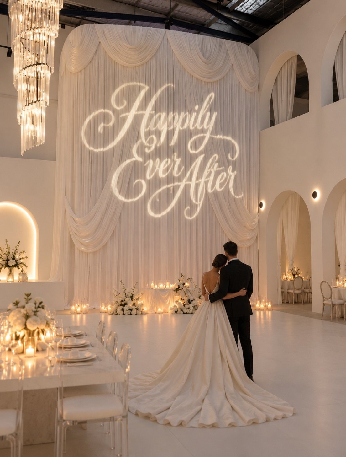 Bride and groom embracing before a glowing Happily Ever After neon sign in white venue.