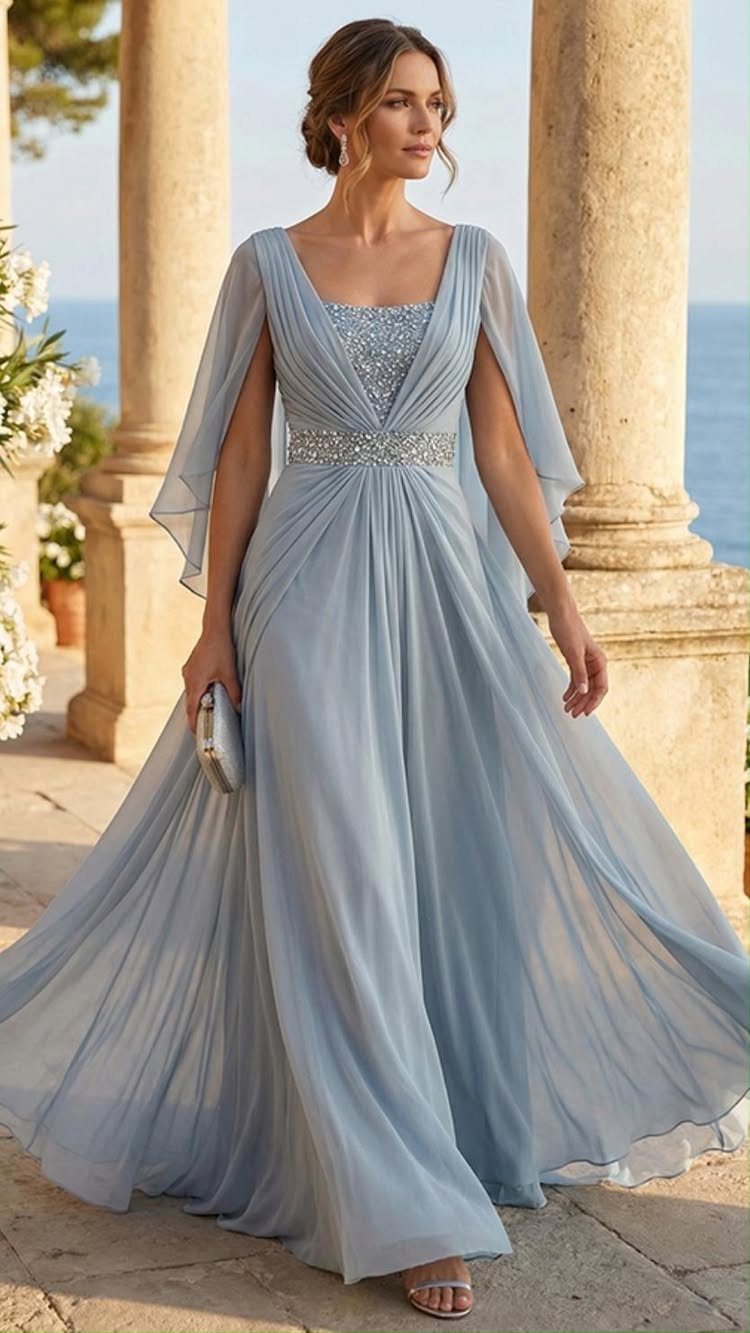 Woman in a light blue chiffon maxi dress with flowing cape sleeves.