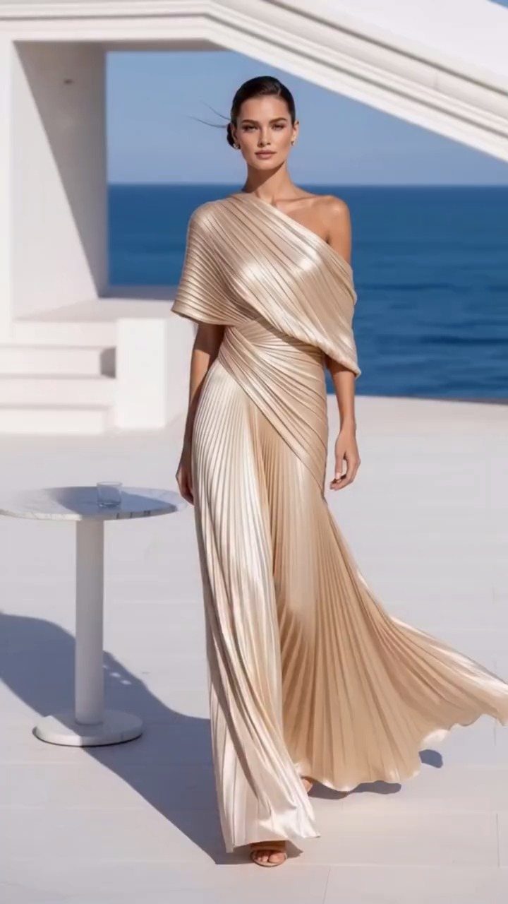 Woman in a gold pleated one-shoulder maxi dress on a white terrace by the ocean