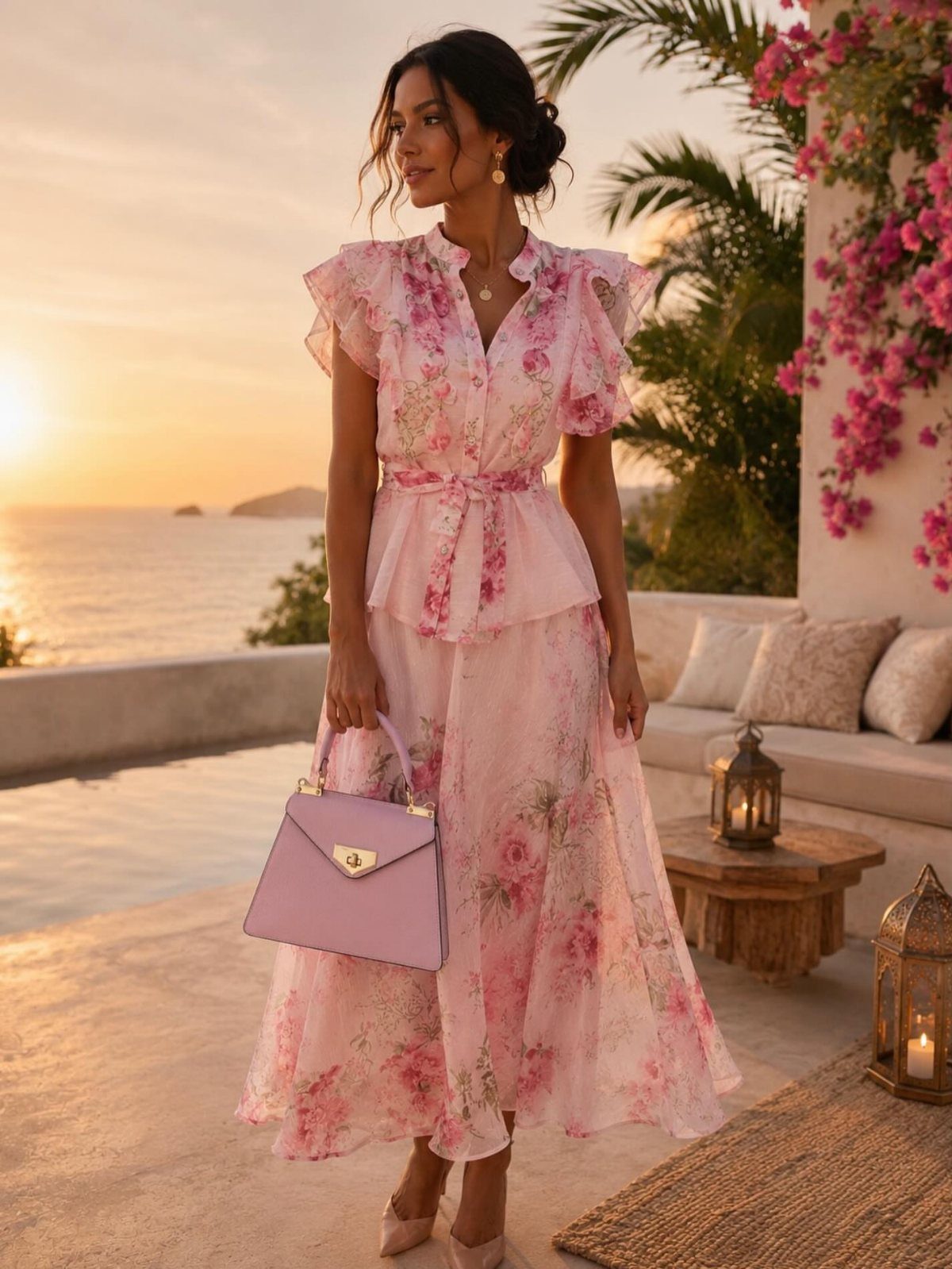 Woman in a soft pink floral midi dress standing by a pool at sunset.