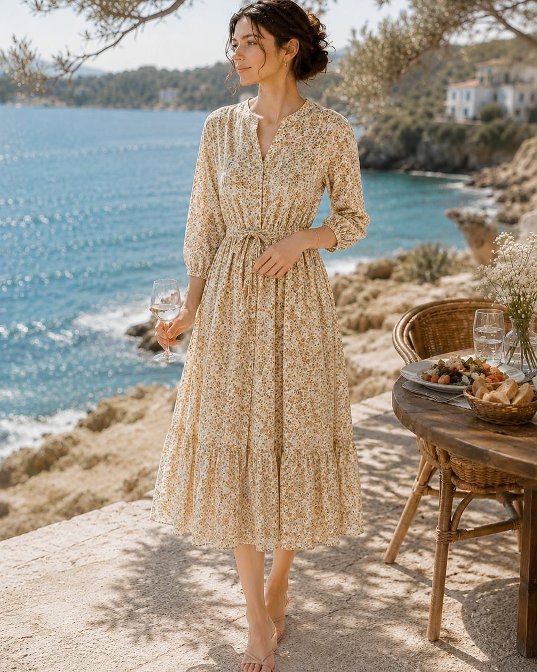 Woman in a yellow floral midi dress standing by a coastal cliff overlooking the sea