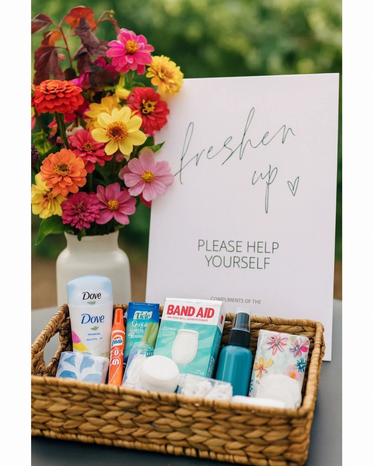 Woven basket of toiletries next to a freshen up sign and colorful flowers.