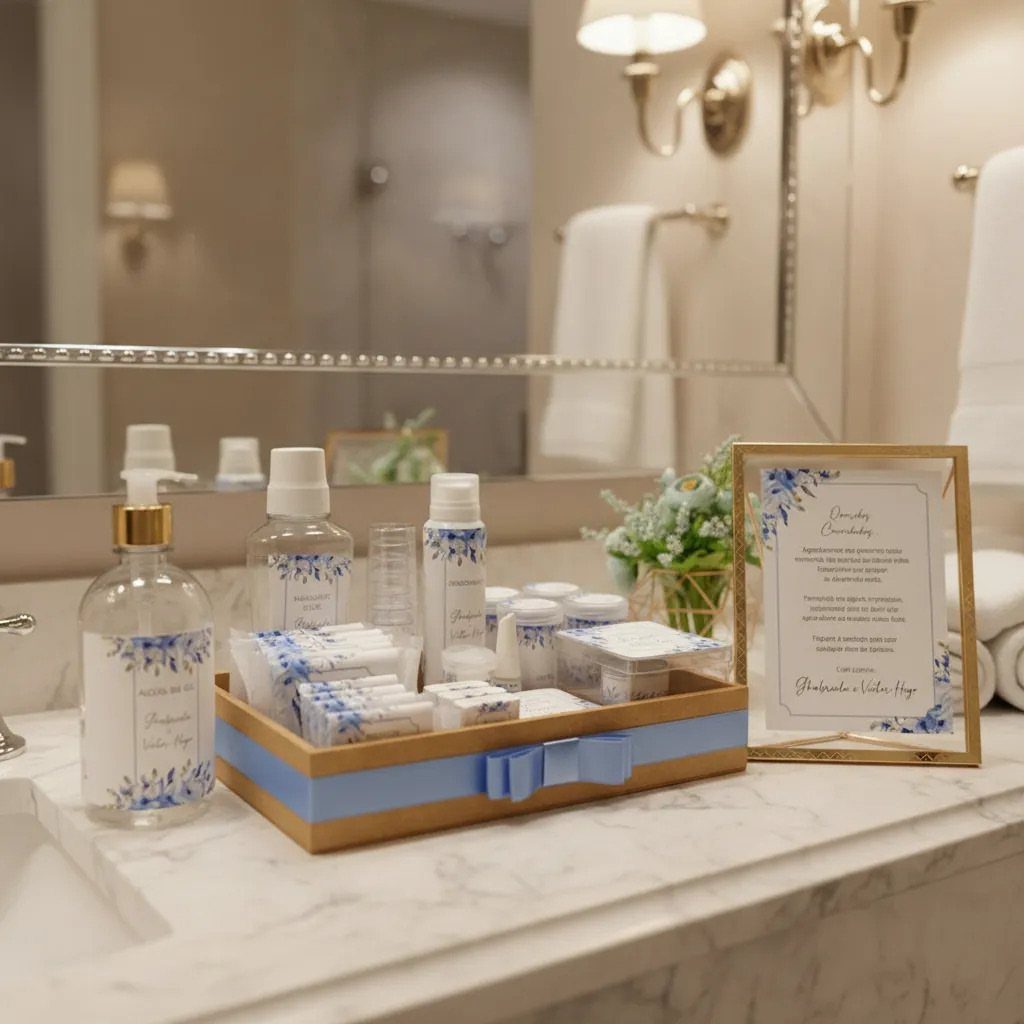 Wedding bathroom basket with toiletries and a framed sign on a marble counter.