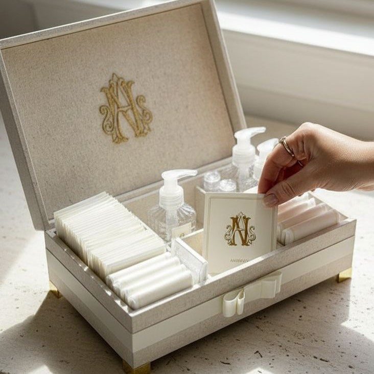 Monogrammed storage box with cotton pads and soap dispensers on a white surface.
