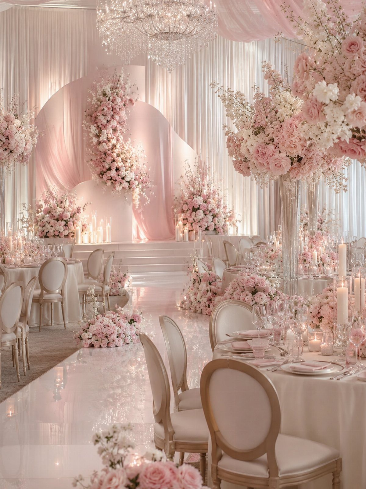 Blush pink flowers and champagne linens in a luxurious wedding reception hall.