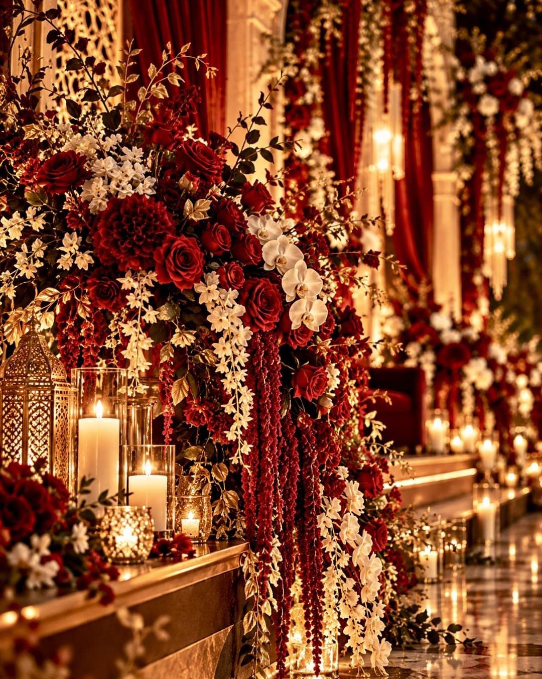 Burgundy and white roses with gold lanterns and candles in an elegant wedding setting.