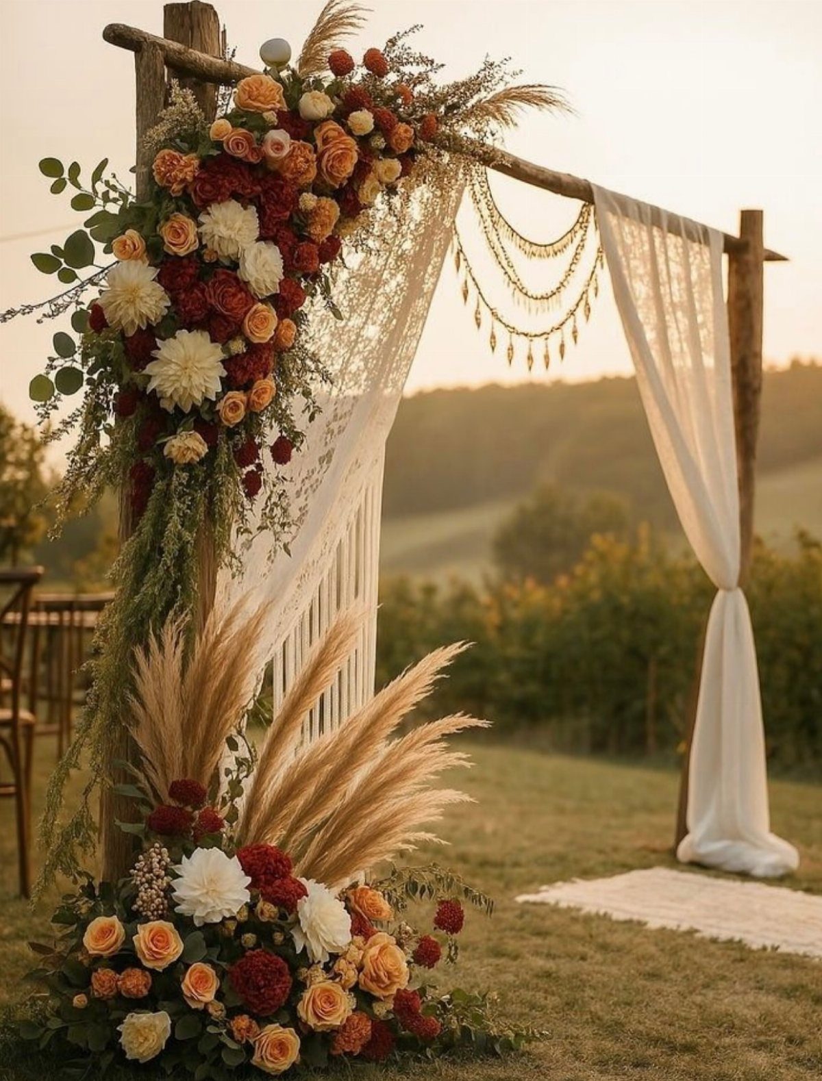 Wooden wedding arch with orange and red roses and white fabric at sunset.