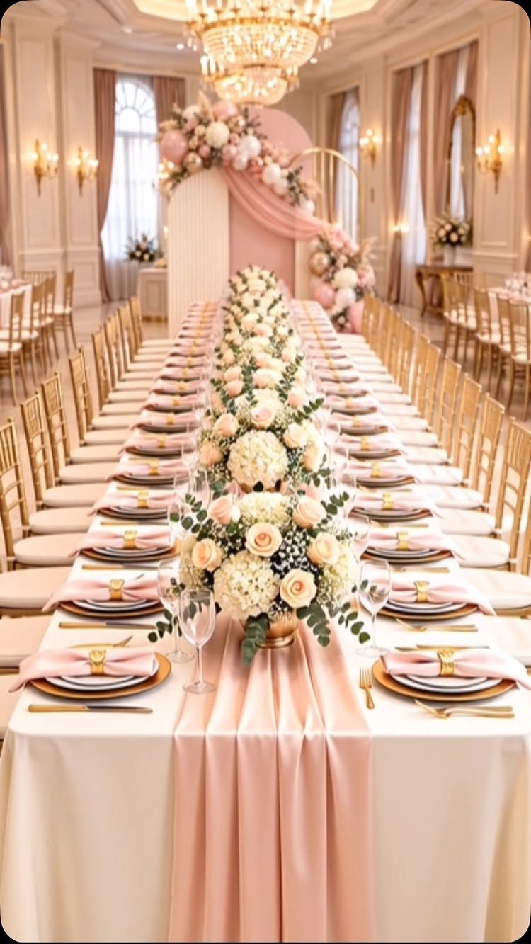 Wedding banquet table with blush pink runner, gold plates, and white rose centerpieces.