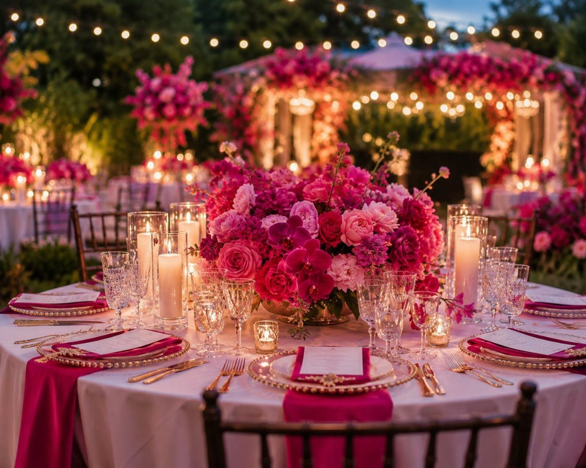Vibrant fuchsia pink floral centerpiece and napkins on a white wedding table outdoors.