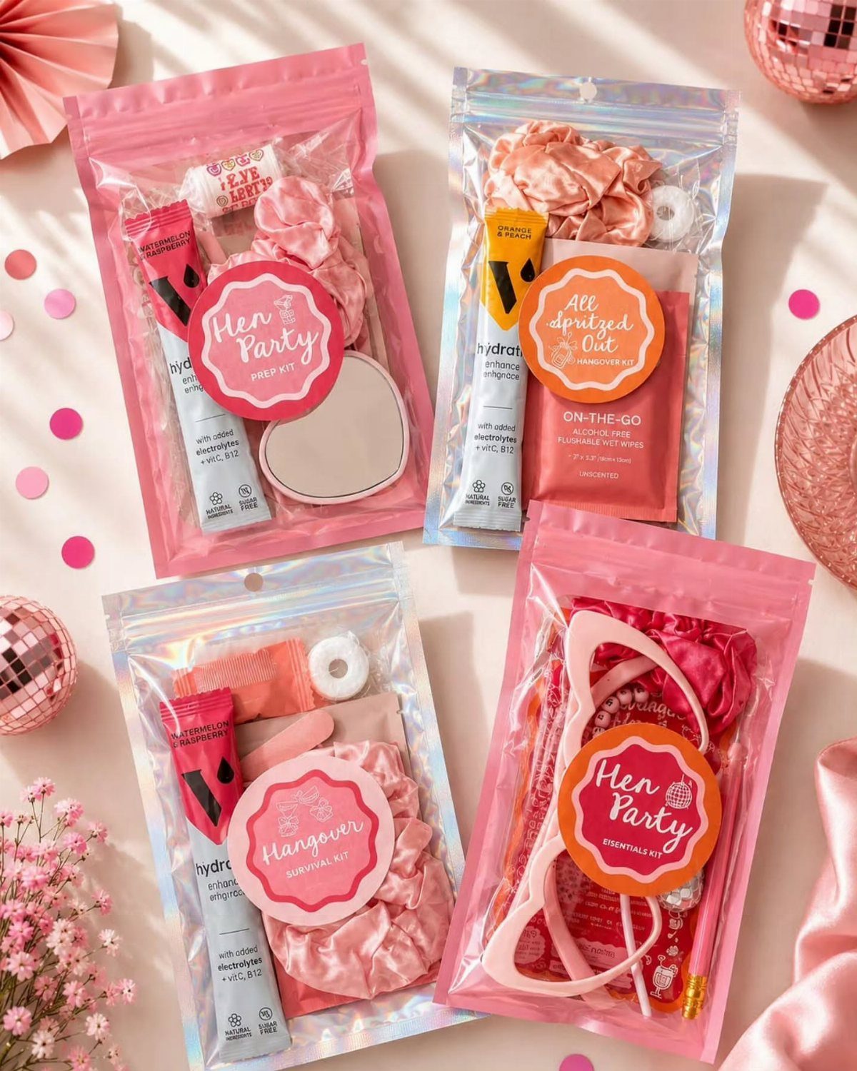 Four pink hangover kits in plastic bags with scrunchies and beauty products.