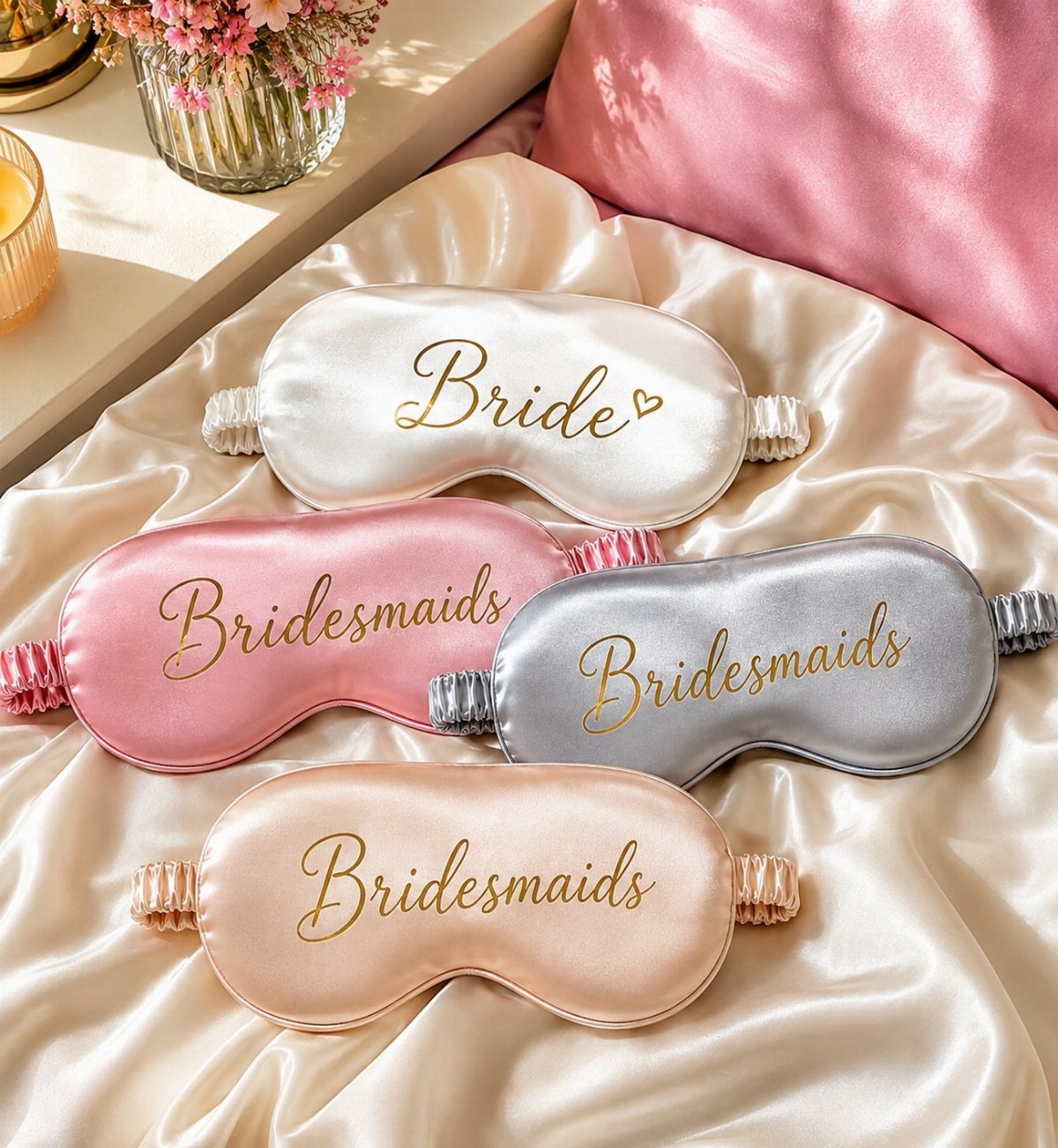 Satin sleep masks for bride and bridesmaids resting on cream silk fabric.