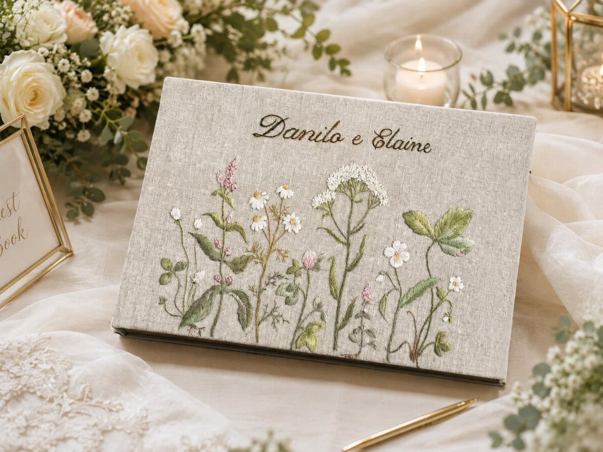Linen guest book with embroidered wildflowers and names on a floral wedding table.
