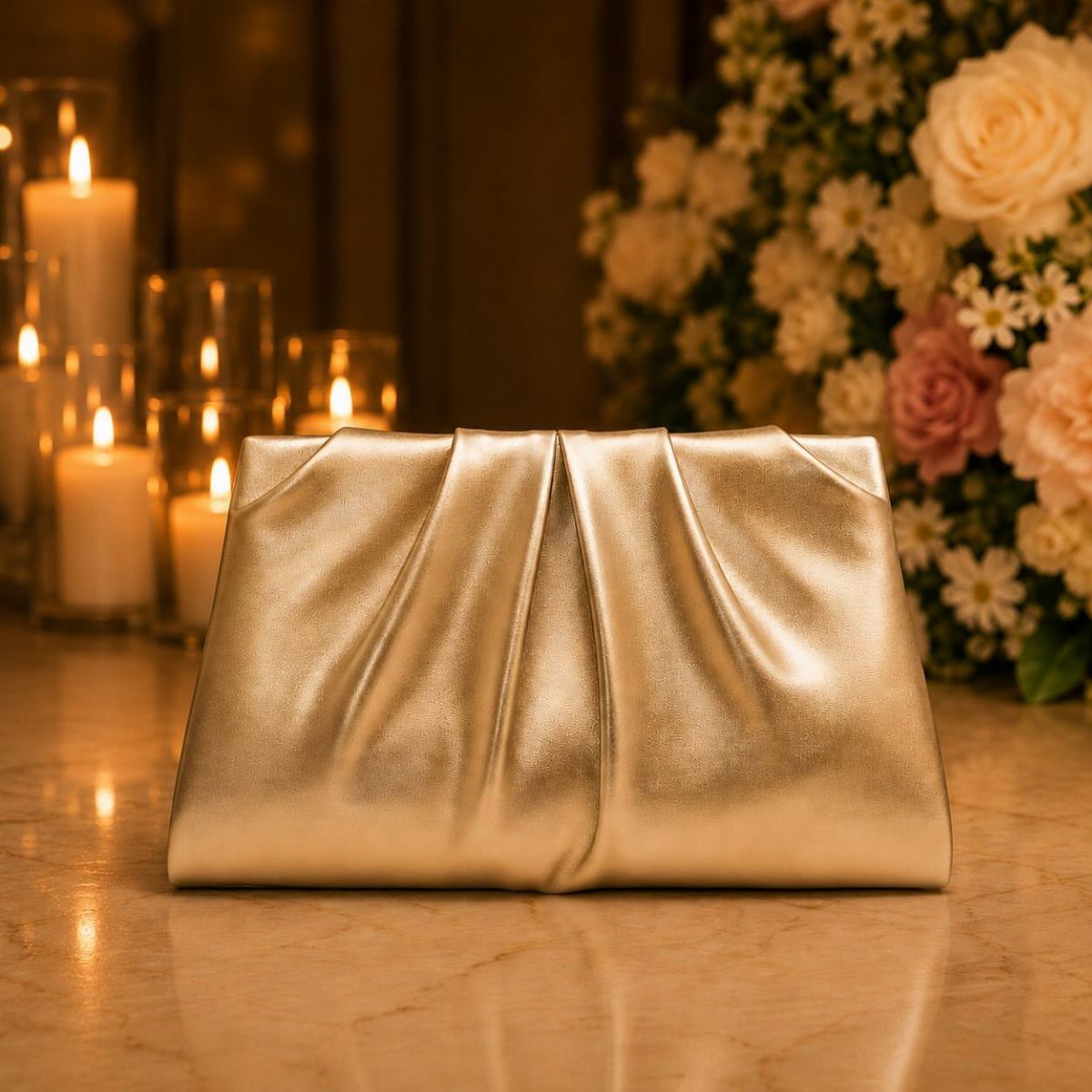 Gold metallic pleated clutch bag on marble surface with candles and roses.