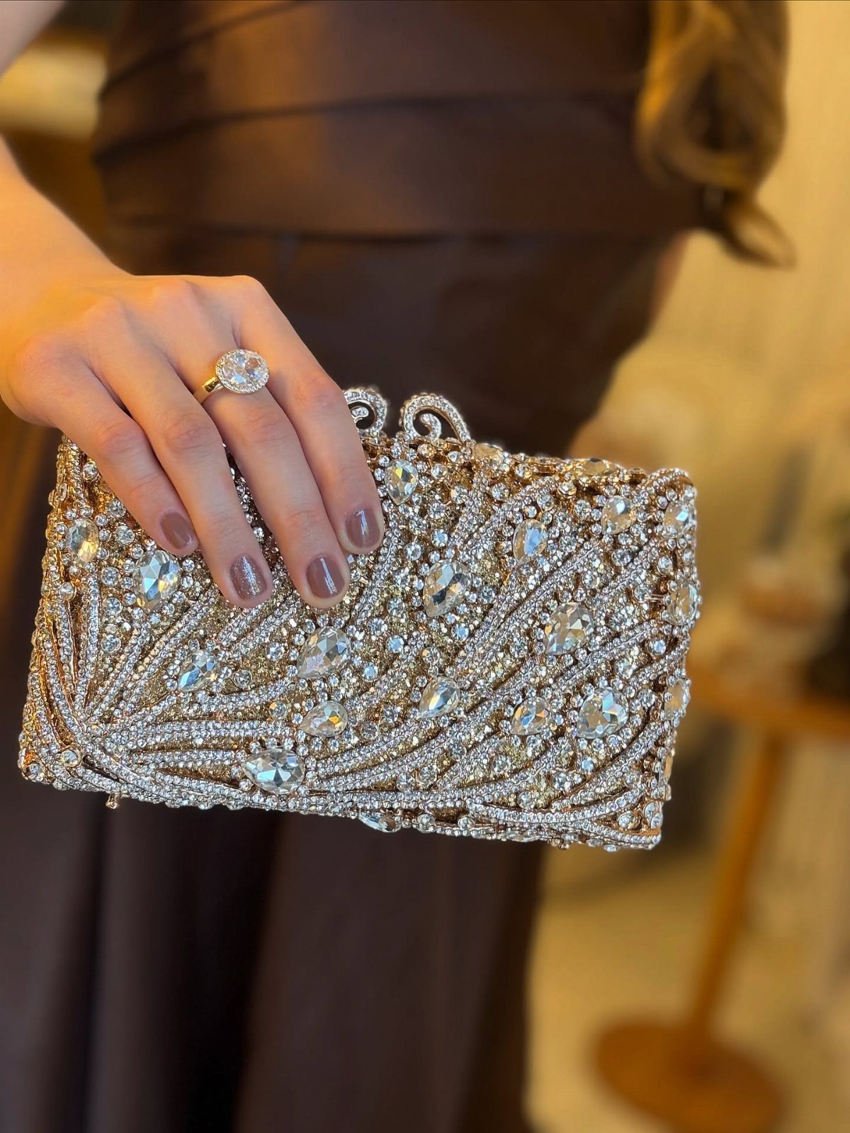 Structured evening clutch covered in silver crystals held by a person in brown dress.