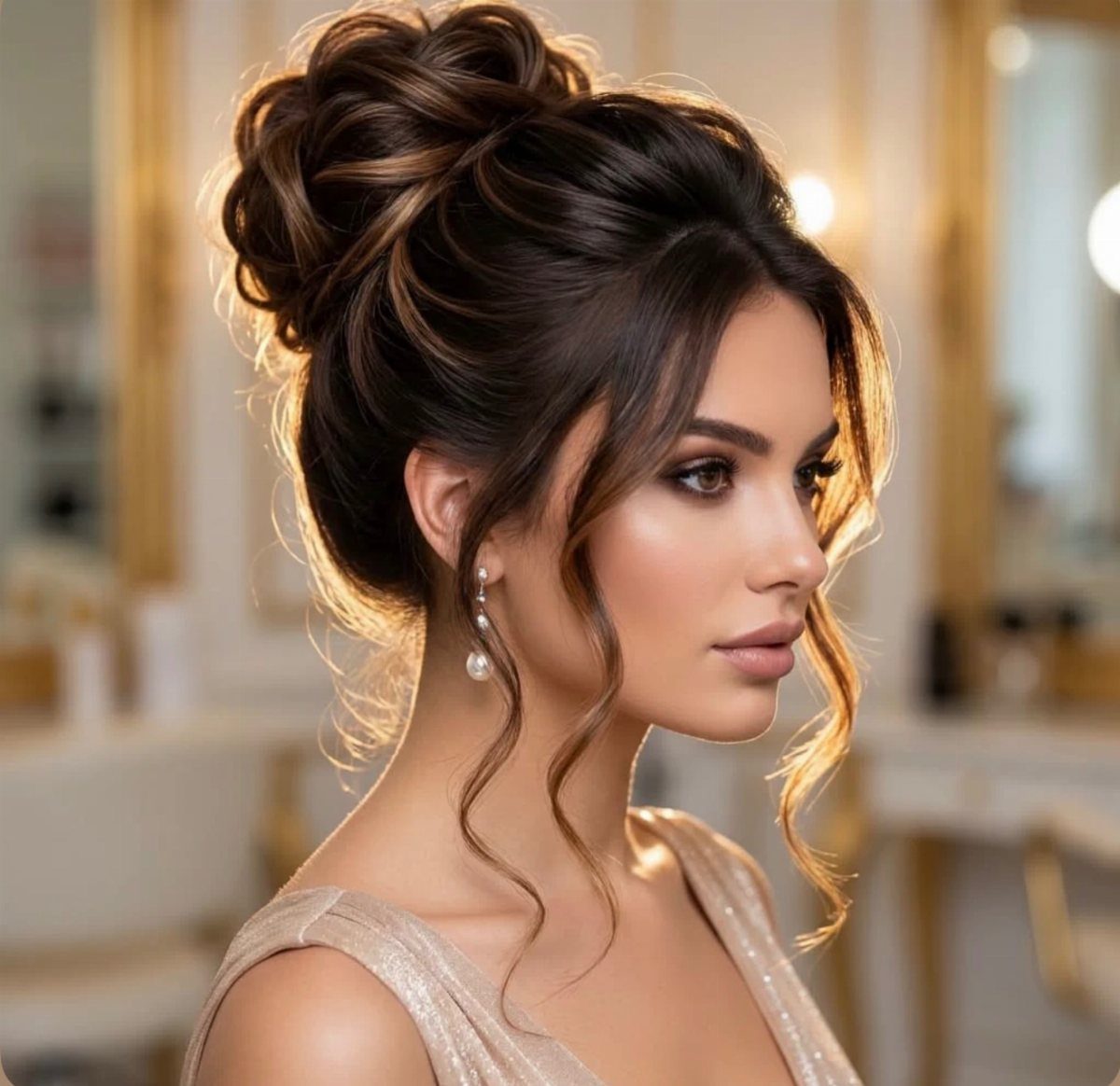Woman with a high voluminous messy bun and curly tendrils wearing a gold dress.