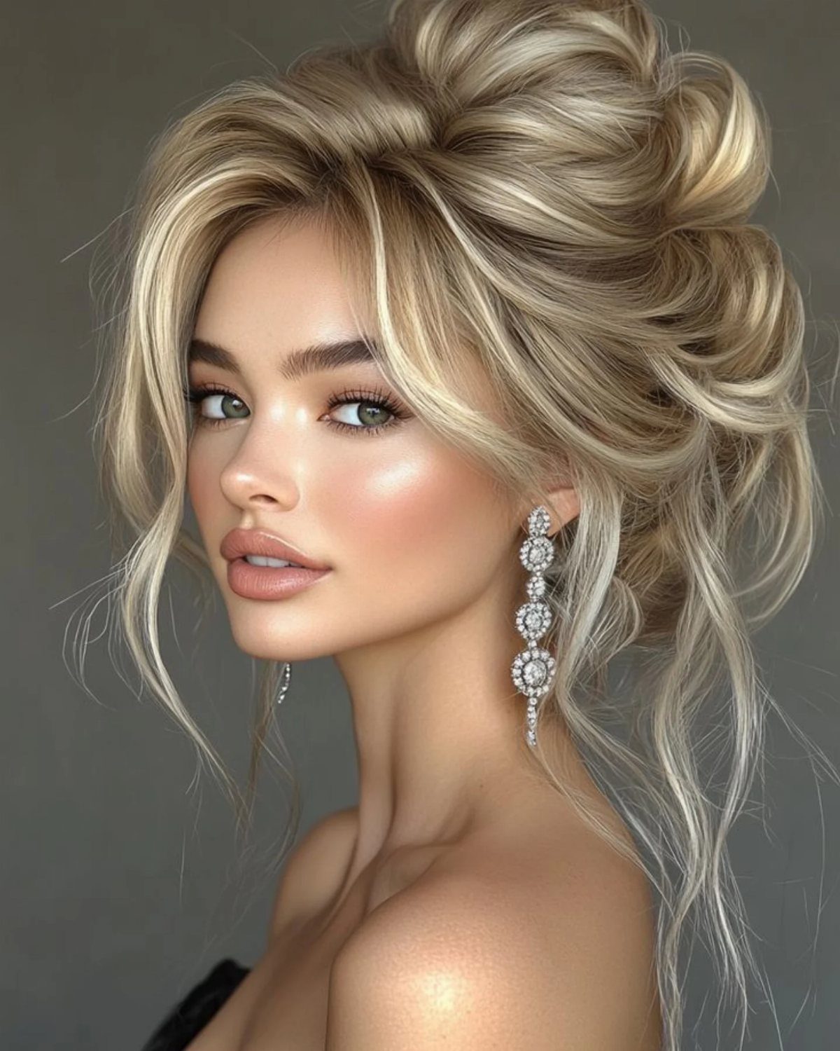 Woman with blonde hair in a voluminous loose updo and sparkling earrings.