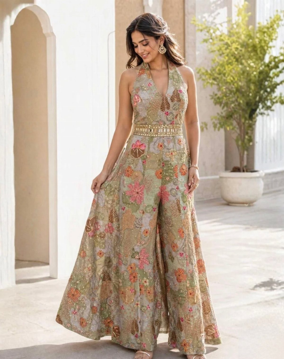 Woman wearing a floral wide-leg halter jumpsuit with a gold embellished belt outdoors.