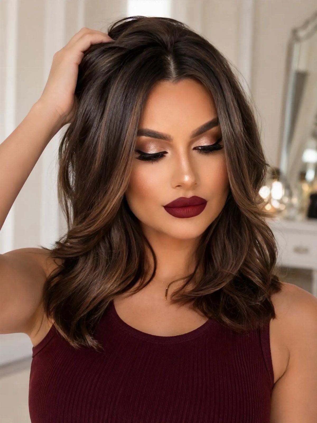 Woman with wavy brown hair wearing deep red matte lipstick and bronze eyeshadow.
