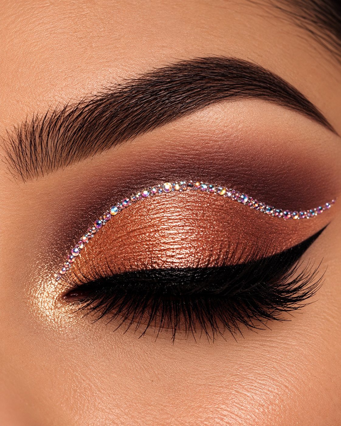 Eye makeup with bronze eyeshadow, winged liner, and a row of sparkling rhinestones.