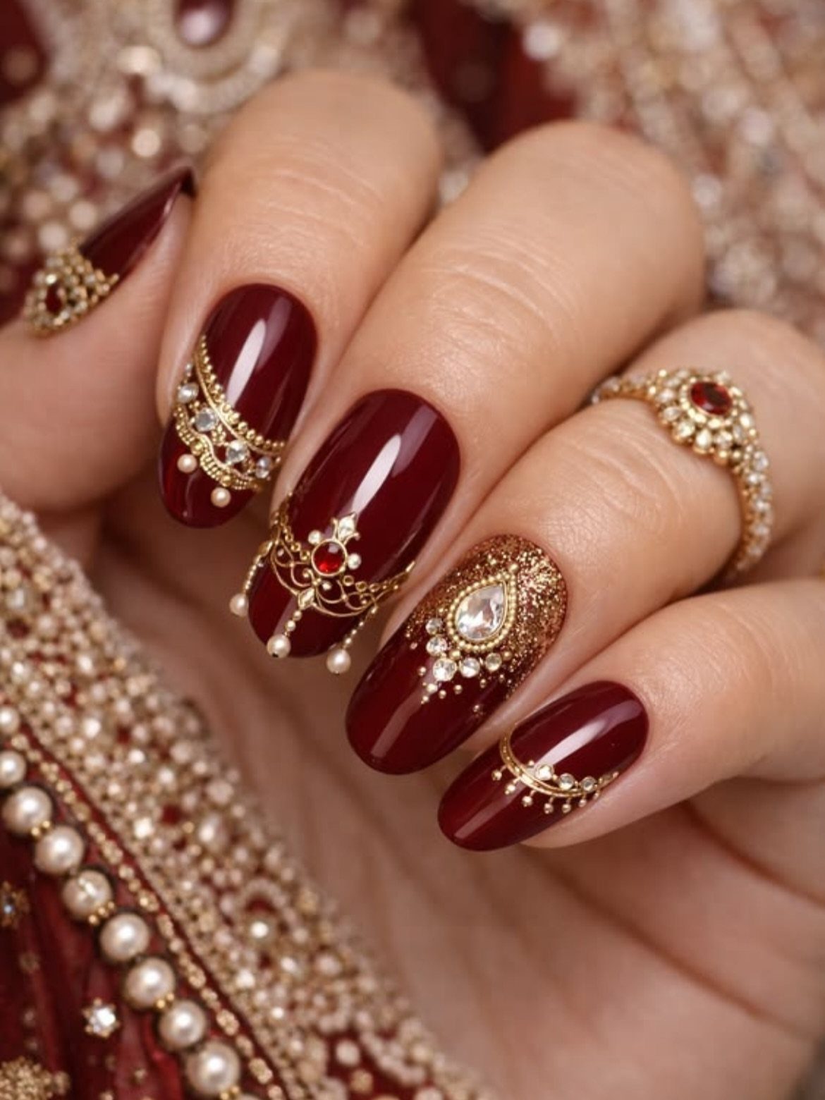 Deep burgundy almond nails with ornate gold jewelry accents and small white pearls.