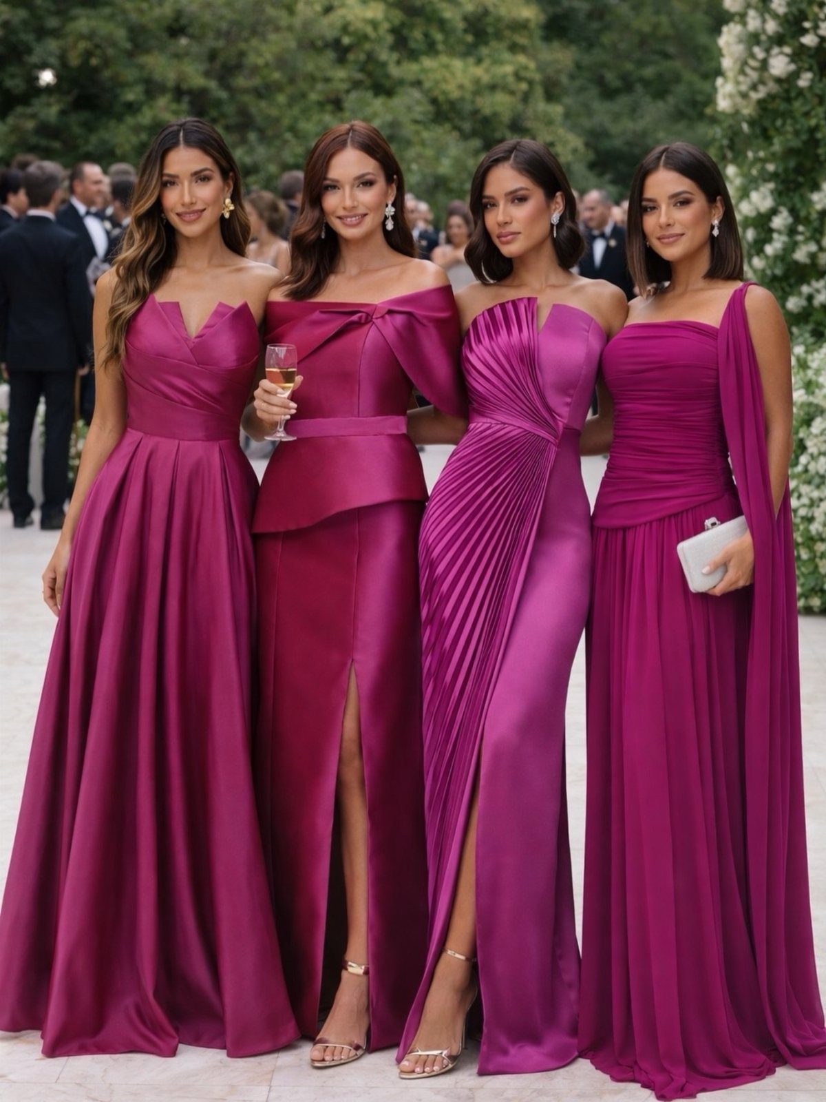 Four women wearing different styles of magenta maxi dresses posing in a garden.