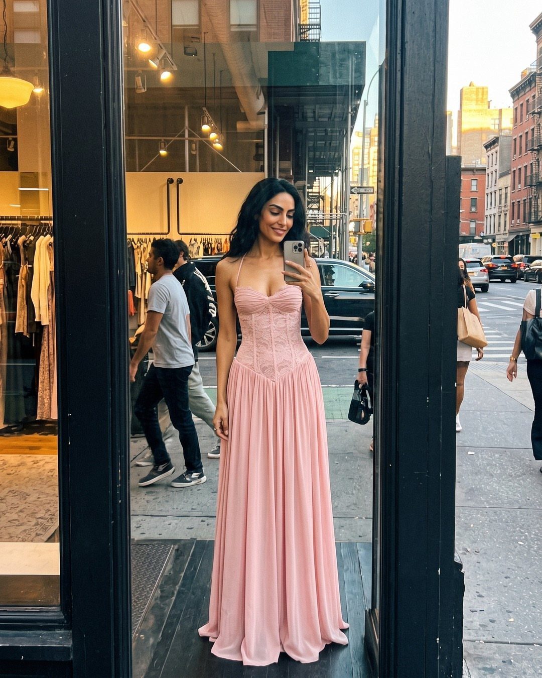 Woman in a long light pink corset gown taking a mirror selfie outdoors.