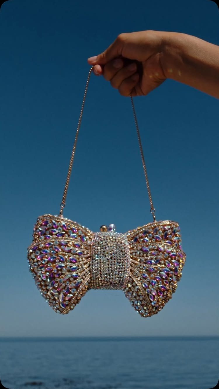 Bow-shaped crystal clutch purse held against a blue sky and ocean background.