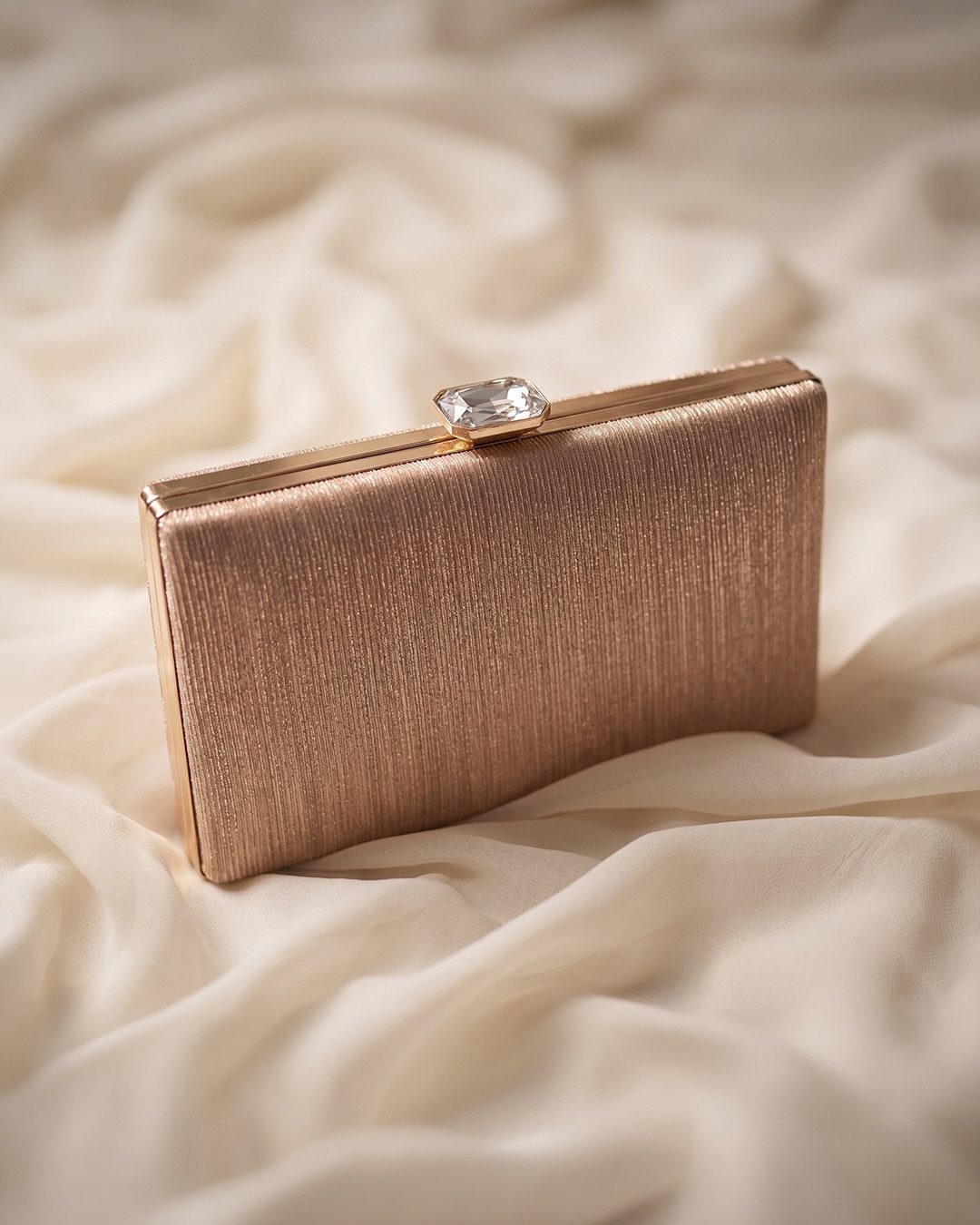Rose gold metallic clutch purse with crystal clasp on cream draped fabric