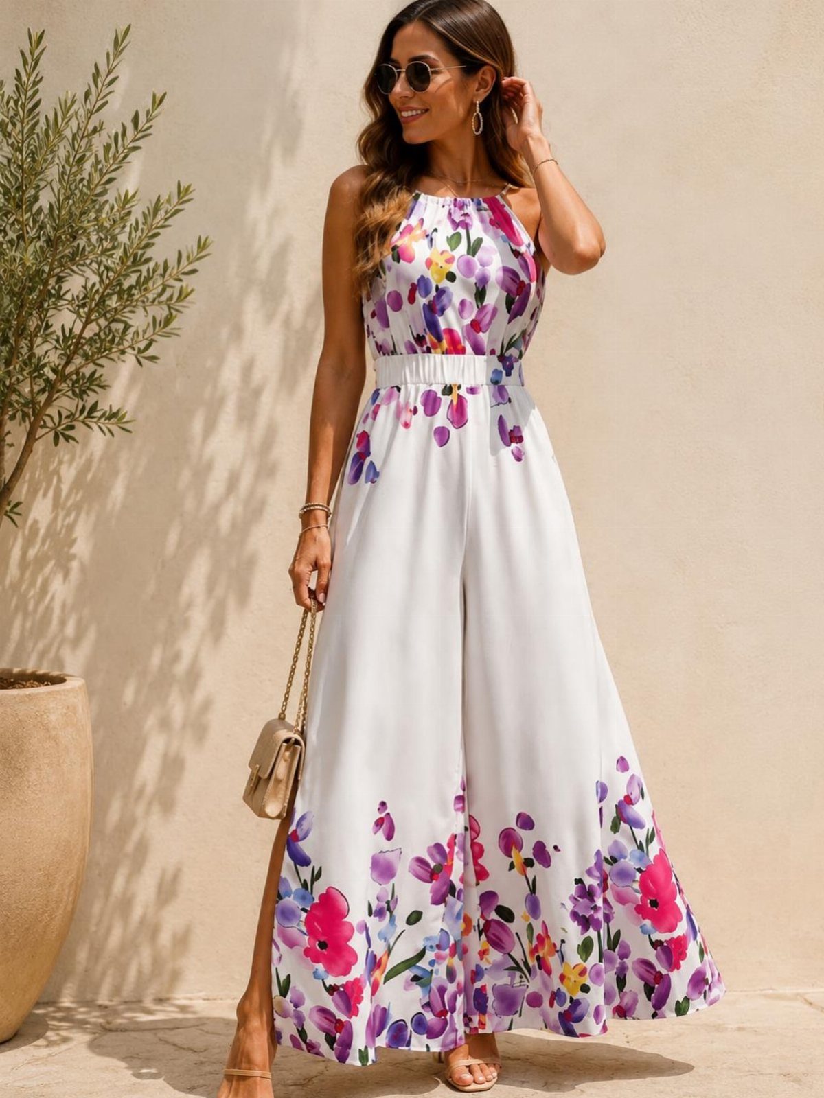 Woman in a white wide-leg jumpsuit with vibrant floral patterns and a beige handbag.