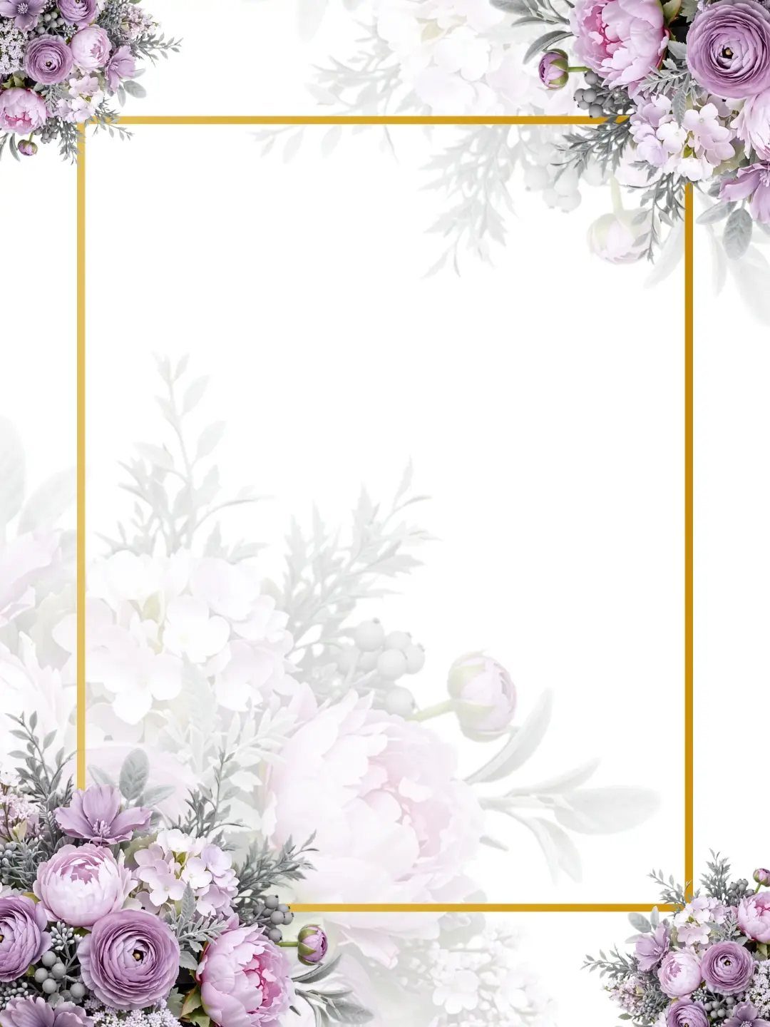 Gold rectangular frame surrounded by purple and pink flowers on a white background.