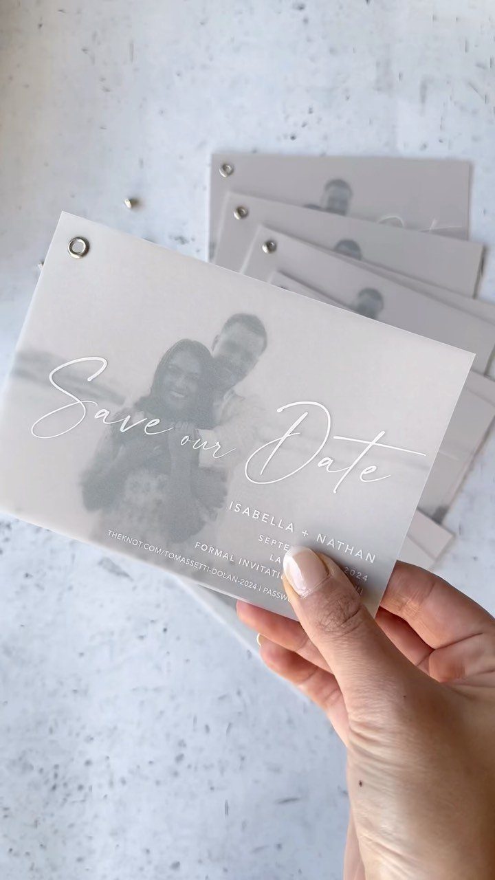 Translucent acrylic save the date card with a couple's photo and white cursive text.