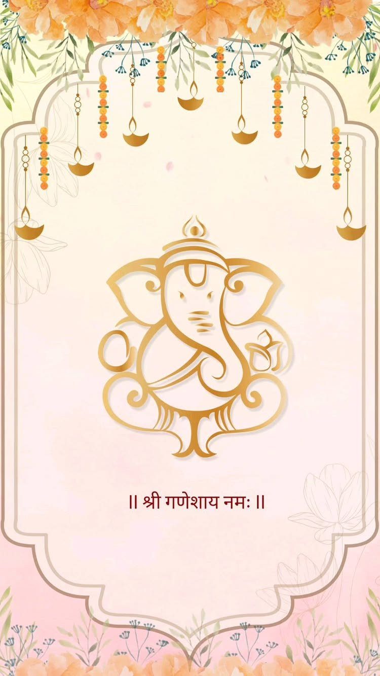 Gold Ganesha outline on a wedding invitation with orange flowers and oil lamps