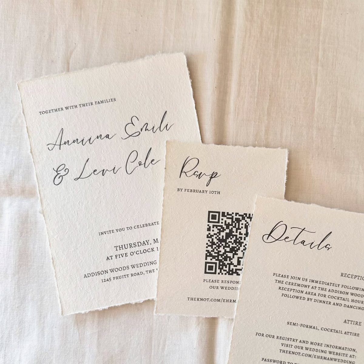 Wedding invitation suite with deckled edges featuring a QR code on the RSVP card.
