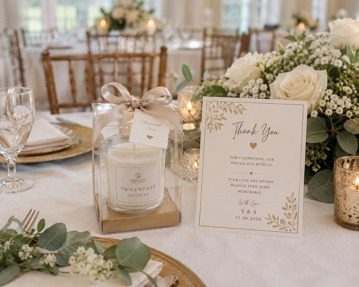 Wedding thank you card and scented candle on a decorated white table with roses.