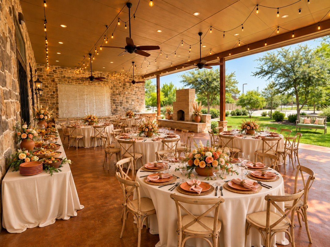 Covered outdoor patio with set dining tables, stone walls, and views of rolling green lawns.