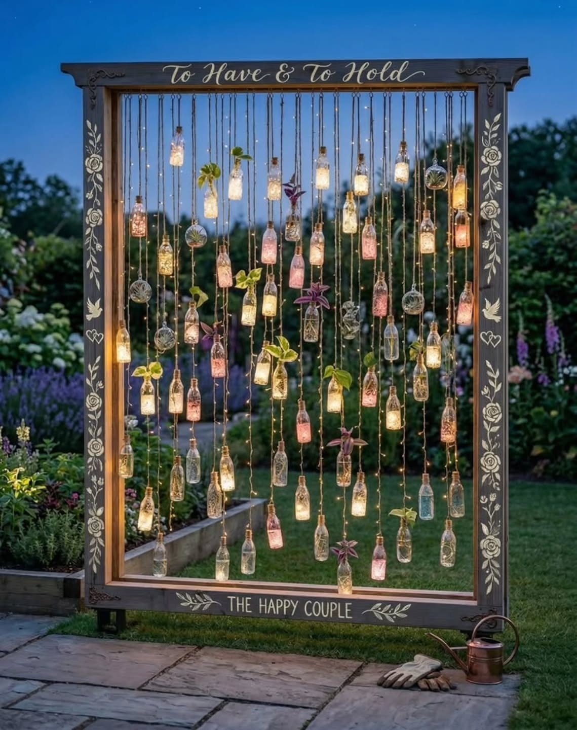 Wooden frame with hanging illuminated glass bottles and flowers in a garden setting.