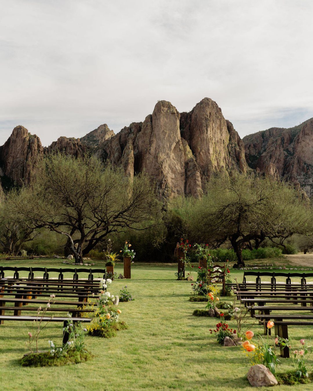 Wooden wedding benches on a green lawn with rocky mountains in the background.