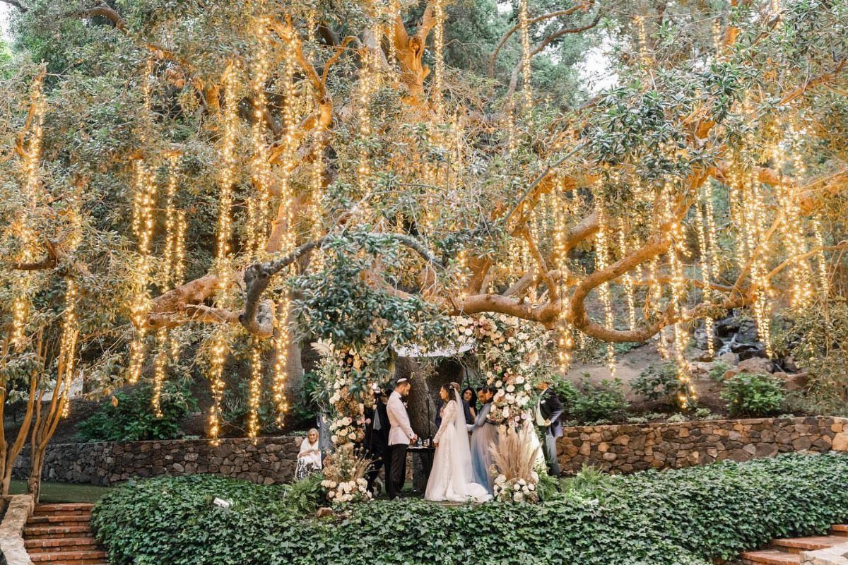 Wedding ceremony under a large tree with hanging fairy lights and floral archway
