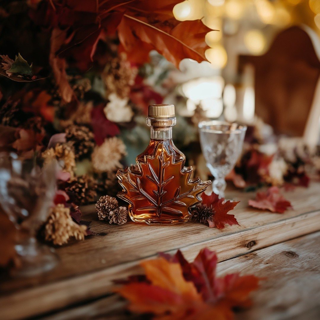 Maple leaf shaped bottle of syrup on a rustic wooden table with autumn leaves.